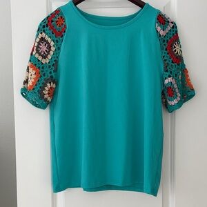 Teal Crochet Sleeve Women's Top